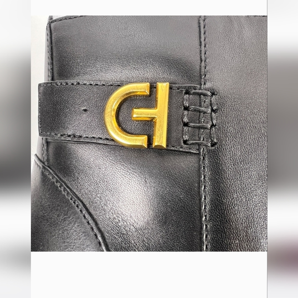 Cole Haan Womens Holis Black Leather Gold Logo Side Buckle Heeled Ankle Boot 9.5 - Picture 7 of 16